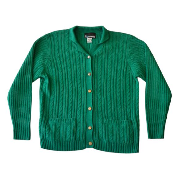 Classic Green Cable Knit Cardigan - Size M Vintage Collared Sweater - Picture 1 of 5
